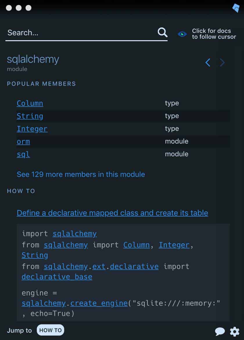 Kite Copilot sqlalchemy doc page screenshot