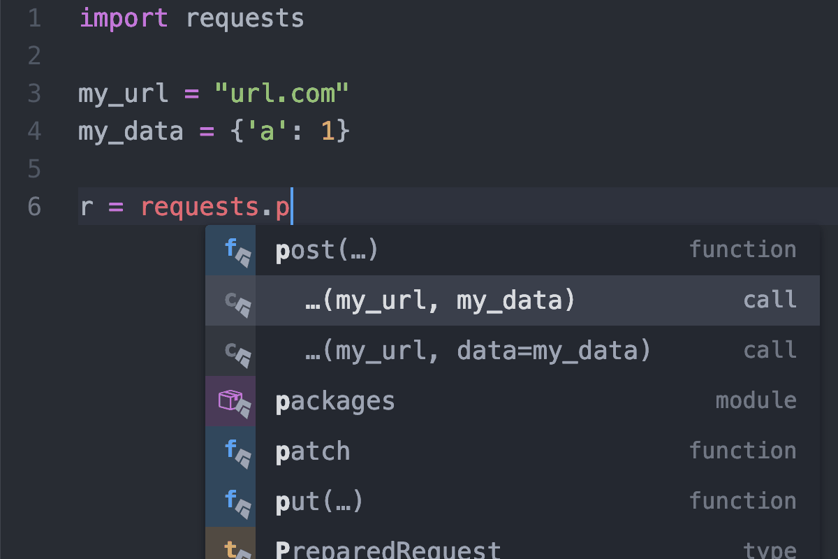 Atom with Kite post call line of code completion screenshot